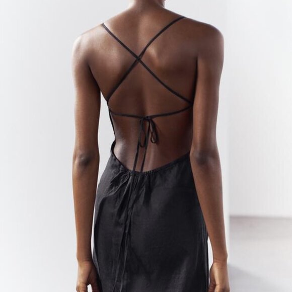 NWT BLACK ZW COLLECTION 100% LINEN OPEN BACK CLASSIC MIDI DRESS - Picture 4 of 9